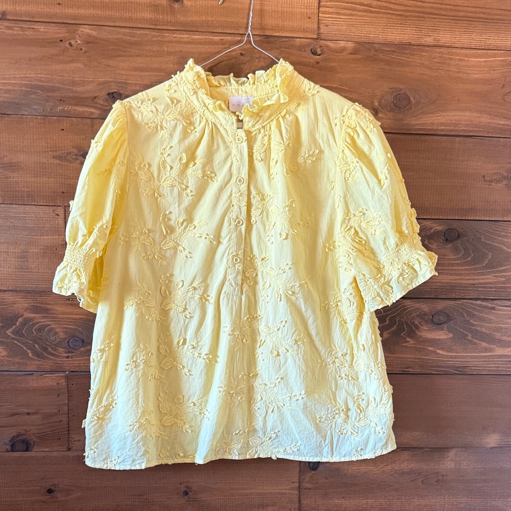 entro Yellow Embroidered Ruffle-Neck Button Front Blouse